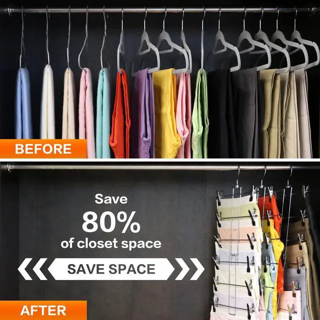 Alt view image 2 of 7 - 3 Pack Pants-Hangers-Space-Saving, 6 Tier-Closet-Organizers-and-Storage | Skirt Hangers with Clips, Closet-Organizer-Clothes-Organization Jeans Scarf Hangers,College-Dorm-Room-Essentials Decor