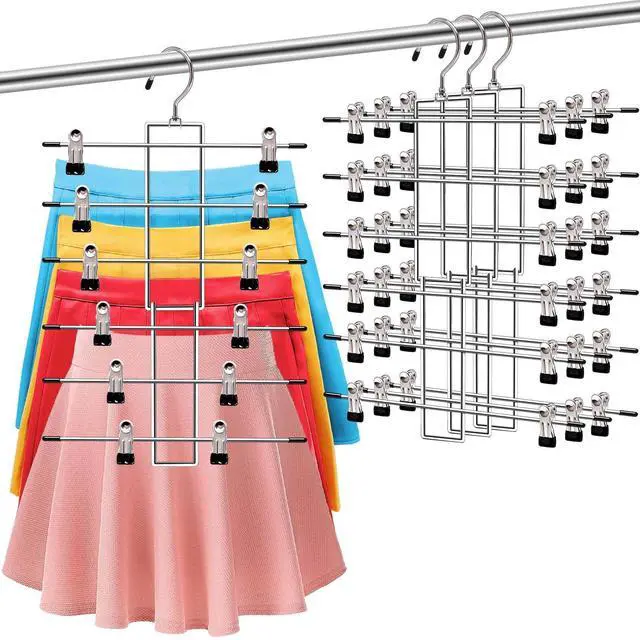 Main image of 3 Pack Pants-Hangers-Space-Saving, 6 Tier-Closet-Organizers-and-Storage | Skirt Hangers with Clips, Closet-Organizer-Clothes-Organization Jeans Scarf Hangers,College-Dorm-Room-Essentials Decor