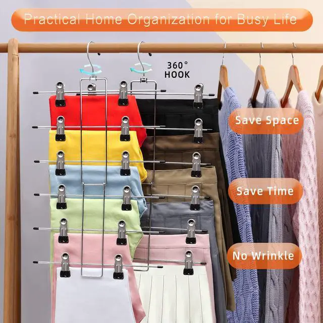Alt view image 4 of 7 - 3 Pack Pants-Hangers-Space-Saving, 6 Tier-Closet-Organizers-and-Storage | Skirt Hangers with Clips, Closet-Organizer-Clothes-Organization Jeans Scarf Hangers,College-Dorm-Room-Essentials Decor