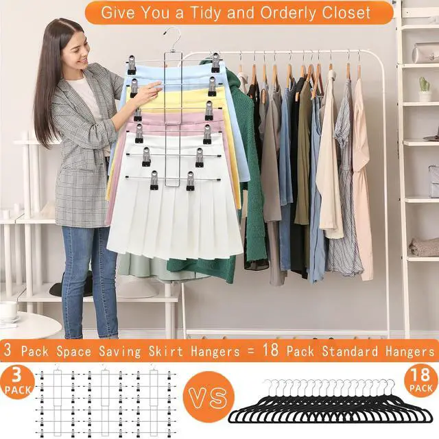 Alt view image 3 of 7 - 3 Pack Pants-Hangers-Space-Saving, 6 Tier-Closet-Organizers-and-Storage | Skirt Hangers with Clips, Closet-Organizer-Clothes-Organization Jeans Scarf Hangers,College-Dorm-Room-Essentials Decor