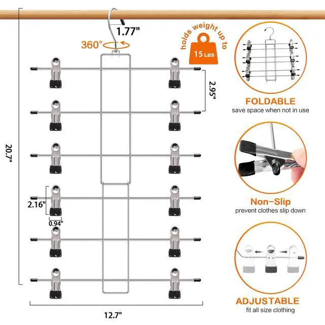 Alt view image 6 of 7 - 3 Pack Pants-Hangers-Space-Saving, 6 Tier-Closet-Organizers-and-Storage | Skirt Hangers with Clips, Closet-Organizer-Clothes-Organization Jeans Scarf Hangers,College-Dorm-Room-Essentials Decor