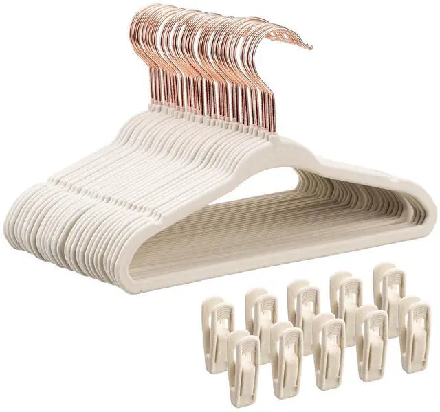 Main image of Baby Velvet Hangers 30 Pack - 11 Inch Premium Felt Non Slip Kids Hanger for Infant & Toddler Clothes - 0.2" Slim Space-Saving Baby Felt Hangers for Children's Closet with 10 Clips - Beige