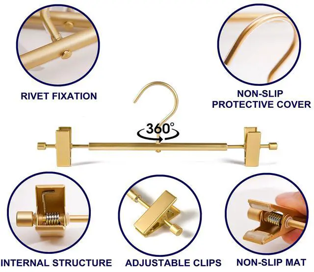 Alt view image 3 of 6 - 10 Pack Matte Gold Aluminum Pants Hangers, Metal Skirt Hangers | 12.2 Smooth Metal Skirt Hangers with 2 Adjustable Non-Slip Clips, Light & Sturdy Metal Hangers for Shorts, Trousers & Slacks