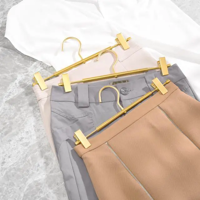 Alt view image 4 of 6 - 10 Pack Matte Gold Aluminum Pants Hangers, Metal Skirt Hangers | 12.2 Smooth Metal Skirt Hangers with 2 Adjustable Non-Slip Clips, Light & Sturdy Metal Hangers for Shorts, Trousers & Slacks