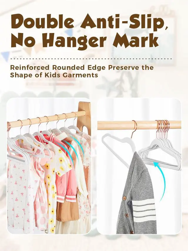Alt view image 2 of 7 - Kids Velvet Hangers 50 Pack, 14 Inch Premium Non Slip Kids Felt Hangers for Closet, Space Saving Toddler Clothes Hanger for Youth's Childrens' Clothes (Rose Gold Hook)- White | Premium Kids Hangers