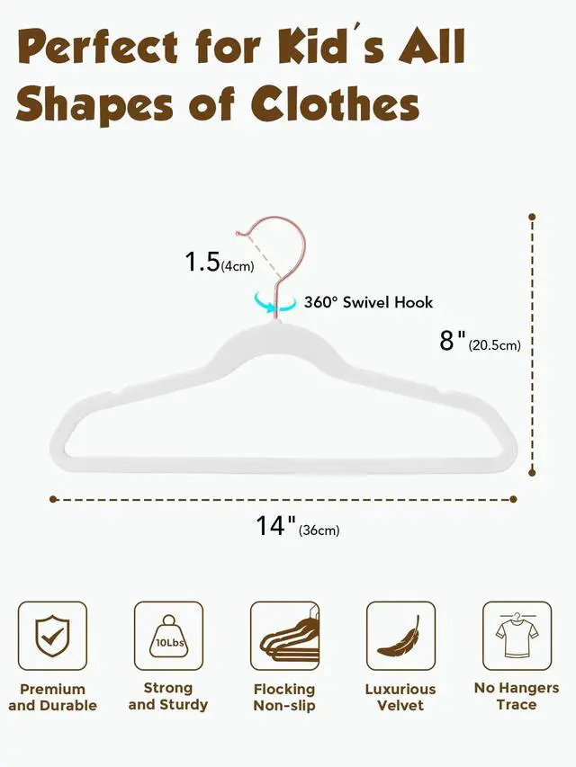 Alt view image 4 of 7 - Kids Velvet Hangers 50 Pack, 14 Inch Premium Non Slip Kids Felt Hangers for Closet, Space Saving Toddler Clothes Hanger for Youth's Childrens' Clothes (Rose Gold Hook)- White | Premium Kids Hangers