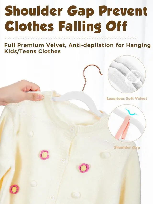 Alt view image 3 of 7 - Kids Velvet Hangers 50 Pack, 14 Inch Premium Non Slip Kids Felt Hangers for Closet, Space Saving Toddler Clothes Hanger for Youth's Childrens' Clothes (Rose Gold Hook)- White | Premium Kids Hangers