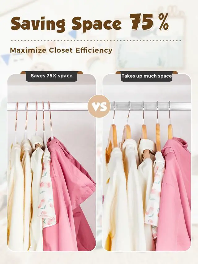 Alt view image 5 of 7 - Kids Velvet Hangers 50 Pack, 14 Inch Premium Non Slip Kids Felt Hangers for Closet, Space Saving Toddler Clothes Hanger for Youth's Childrens' Clothes (Rose Gold Hook)- White | Premium Kids Hangers