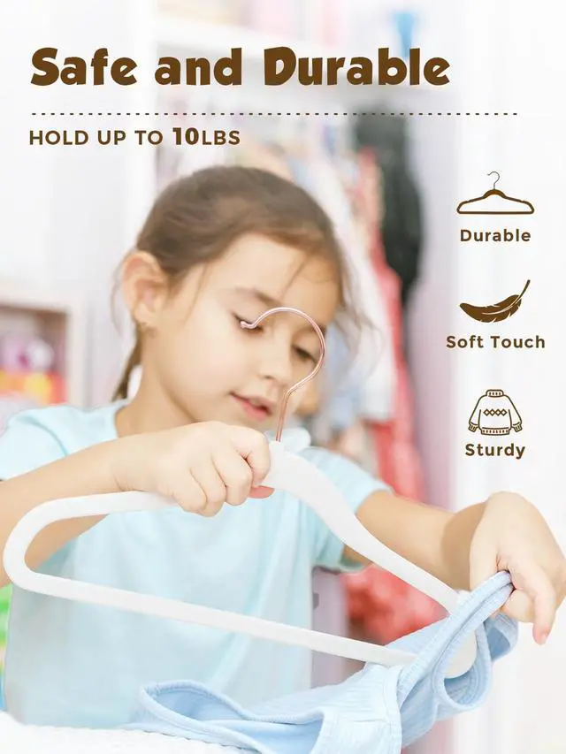 Alt view image 6 of 7 - Kids Velvet Hangers 50 Pack, 14 Inch Premium Non Slip Kids Felt Hangers for Closet, Space Saving Toddler Clothes Hanger for Youth's Childrens' Clothes (Rose Gold Hook)- White | Premium Kids Hangers