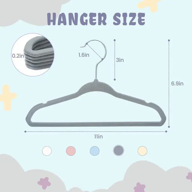 Alt view image 2 of 7 - 50 Pack Kids Velvet Hangers 11 Inches Children's Clothes Hangers Non-Slip Baby Hangers for Infant/Toddler (Grey)