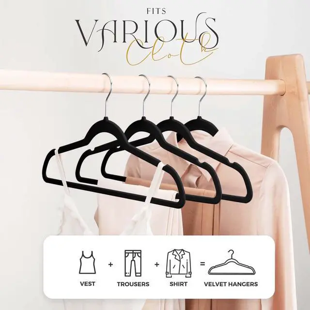 Alt view image 3 of 7 - Black Velvet Hangers 40 Pack, Non Slip Clothes Felt Hanger | Heavy Duty for Coat, Premium Slim Space Saving Suit Hangers for Closet Organizer, 360° Rotating Silver Hook