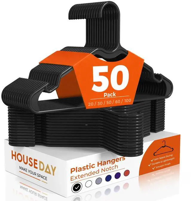 Main image of Black Plastic Hangers 50 Pack, Slim Clothes Hangers for Closet | Lightweight & Durable Hangers fit T-shirts, Shirts, Tops and Pants, Space-Saving for Closets, Dorms, Apartments and Daily Use