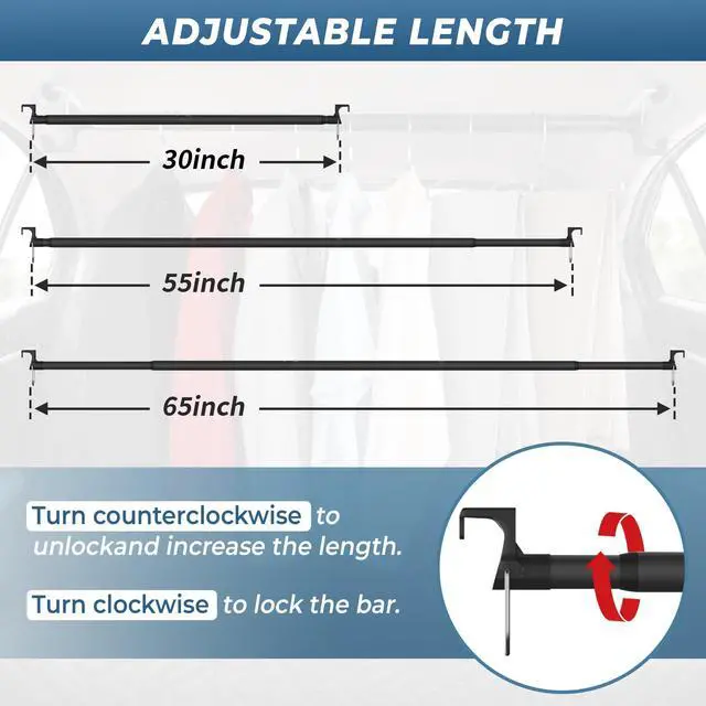 Alt view image 4 of 7 - Car Clothes Hanger Bar 30-64 Inches - Heavy Duty Wrinkle Free Clothes Rack for Car - Adjustable Telescopic Clothes Rod for Car, Travel, Suv, Truck, Automotive