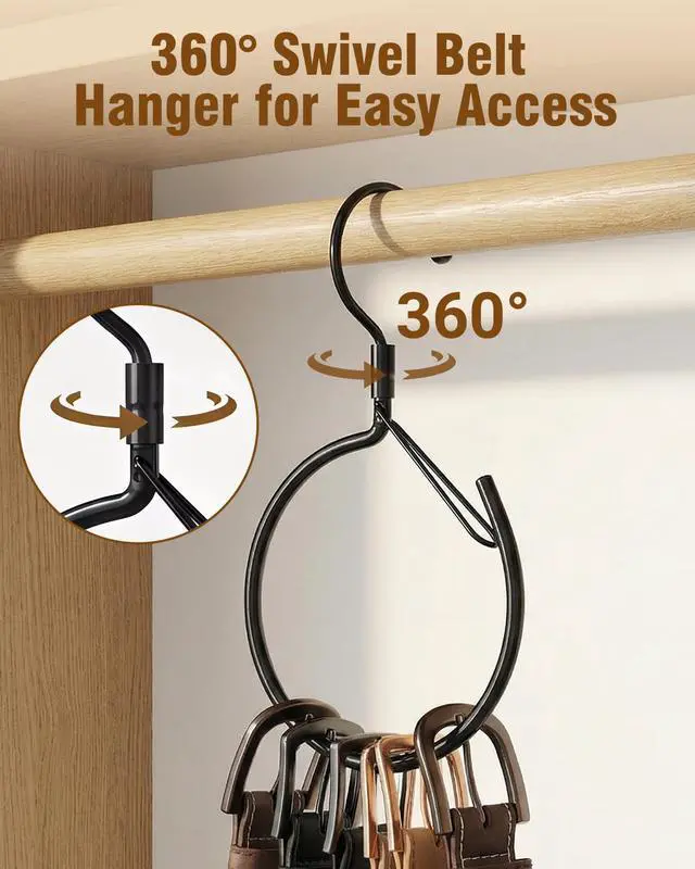 Alt view image 3 of 7 - 2 Pack Belt Hanger, 360° Swivel Belt Organizer for Closet, Black | S Hook Design, Tangled Belt Relief, Drawer Clutter Control, No Drill Setup, Easy Access, Rust-Resistant, Bedroom/Dorm/RV Use