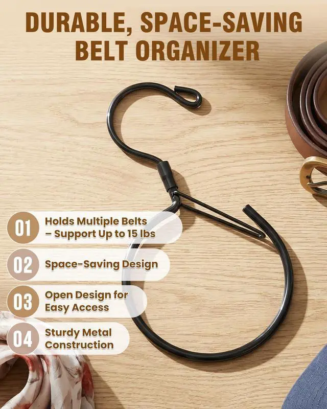 Alt view image 4 of 7 - 2 Pack Belt Hanger, 360° Swivel Belt Organizer for Closet, Black | S Hook Design, Tangled Belt Relief, Drawer Clutter Control, No Drill Setup, Easy Access, Rust-Resistant, Bedroom/Dorm/RV Use