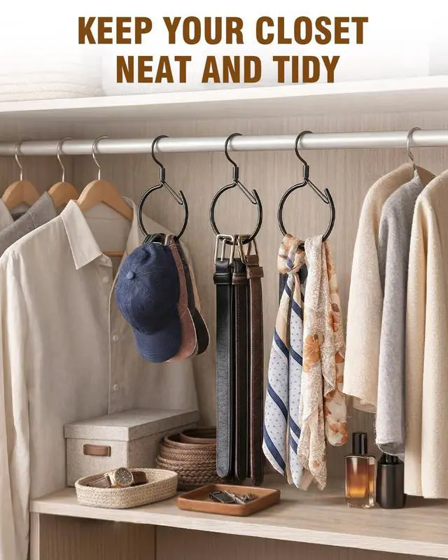 Alt view image 5 of 7 - 2 Pack Belt Hanger, 360° Swivel Belt Organizer for Closet, Black | S Hook Design, Tangled Belt Relief, Drawer Clutter Control, No Drill Setup, Easy Access, Rust-Resistant, Bedroom/Dorm/RV Use