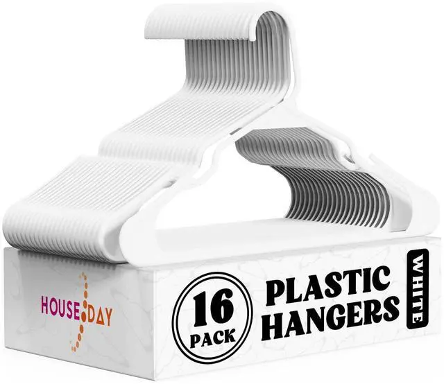 Main image of White Plastic Hangers 16 Pack Slim Space Saving Clothes Hangers | Durable Hangers for Shirts, Coats and Pants, Non-Slip Notches Hold Straps, Small Bedroom Closets, Dorm & Apartment