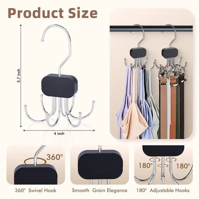 Alt view image 3 of 7 - 3 Pack Tank Top Hangers, Premium Bra Hanger for Closet Organizer | 2026 Upgraded Design, 360° Rotating & Foldable, Space Saving Wooden Hanger for Tank Tops, Bras, Belts and More (Black)