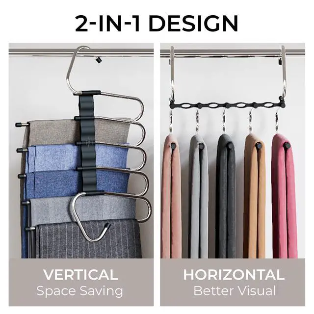 Alt view image 3 of 7 - Pants Hangers Space Saving - 2 Pack - Non-Slip Multi-Layer Space Saving Hangers - Multifunctional Clothing Rack for Closet Storage - Ideal for Jeans, Trousers, Skirts, Scarves & Slacks (Black)