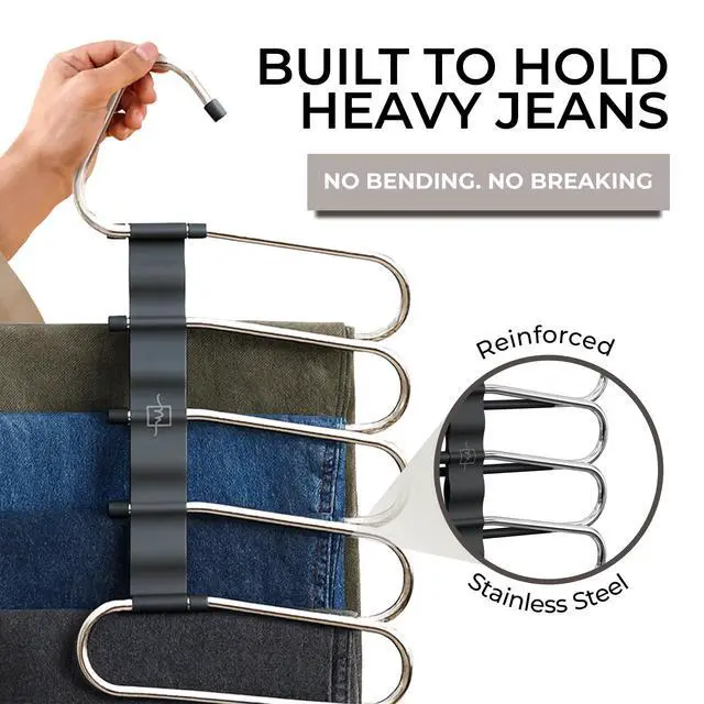 Alt view image 4 of 7 - Pants Hangers Space Saving - 2 Pack - Non-Slip Multi-Layer Space Saving Hangers - Multifunctional Clothing Rack for Closet Storage - Ideal for Jeans, Trousers, Skirts, Scarves & Slacks (Black)