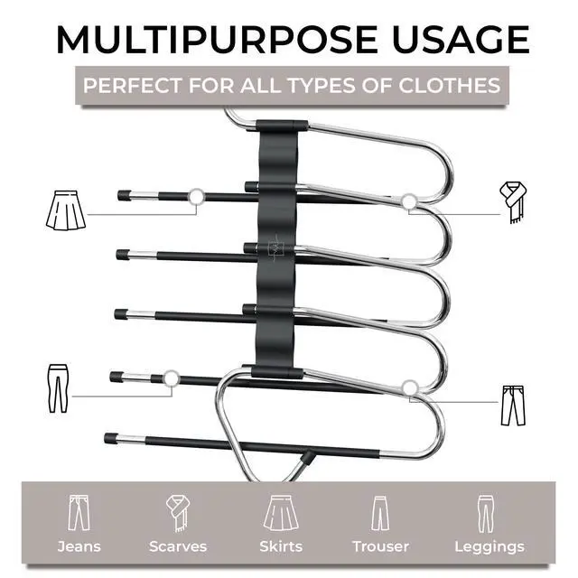 Alt view image 7 of 7 - Pants Hangers Space Saving - 2 Pack - Non-Slip Multi-Layer Space Saving Hangers - Multifunctional Clothing Rack for Closet Storage - Ideal for Jeans, Trousers, Skirts, Scarves & Slacks (Black)