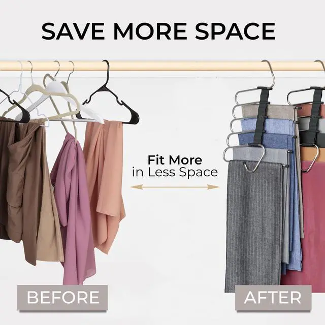 Alt view image 2 of 7 - Pants Hangers Space Saving - 2 Pack - Non-Slip Multi-Layer Space Saving Hangers - Multifunctional Clothing Rack for Closet Storage - Ideal for Jeans, Trousers, Skirts, Scarves & Slacks (Black)