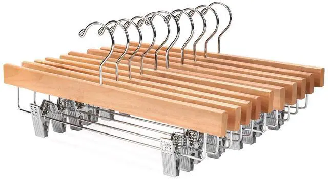 Main image of Wooden Pants Skirt Hangers with Clips, Natural, Pack of 10 | Lotus Wood Bottom Jeans Skirt Hanger with Anti Rust Hook