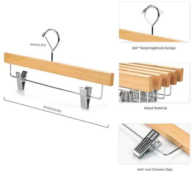 Alt view image 2 of 6 - Wooden Pants Skirt Hangers with Clips, Natural, Pack of 10 | Lotus Wood Bottom Jeans Skirt Hanger with Anti Rust Hook