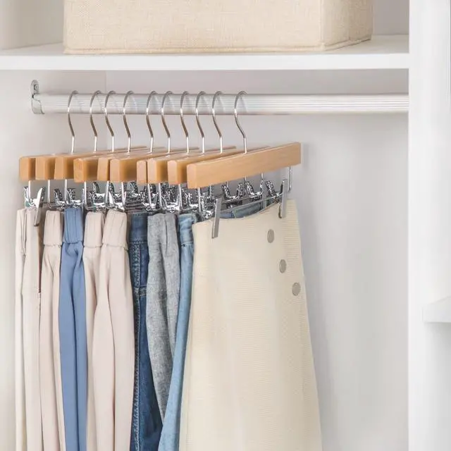 Alt view image 3 of 6 - Wooden Pants Skirt Hangers with Clips, Natural, Pack of 10 | Lotus Wood Bottom Jeans Skirt Hanger with Anti Rust Hook