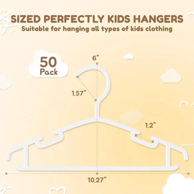 Alt view image 2 of 7 - Kids Plastic Hangers, Baby Clothes Hangers for Closet 50 Packs Non-Slip Toddler Hangers for Infant Child Clothing, Small Children, for Pants Coats Skirts (White)