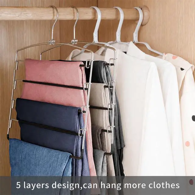 Alt view image 2 of 6 - Pants Hangers Non Slip 3 Pack Space Saving Hangers Multi-Layer Swing Arm Pants Hanger Stainless Steel Space Saver Hanger Closet Storage Organizer for Jeans Trouser Slacks Clothes (Black)