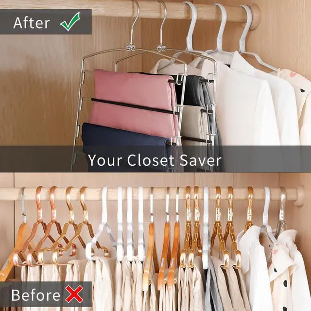 Alt view image 3 of 6 - Pants Hangers Non Slip 3 Pack Space Saving Hangers Multi-Layer Swing Arm Pants Hanger Stainless Steel Space Saver Hanger Closet Storage Organizer for Jeans Trouser Slacks Clothes (Black)