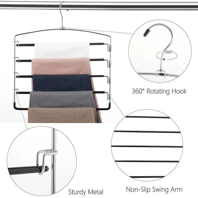 Alt view image 4 of 6 - Pants Hangers Non Slip 3 Pack Space Saving Hangers Multi-Layer Swing Arm Pants Hanger Stainless Steel Space Saver Hanger Closet Storage Organizer for Jeans Trouser Slacks Clothes (Black)