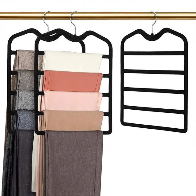 Main image of Pants Hangers Space Saving,3 Pack Velvet Short Neck Pants Hangers,5 Tier Space Saving Velvet Hanger,Closet Organizers and Storage Dorm Room Essentials for College Students Girls Guys Holds Pant,Jean