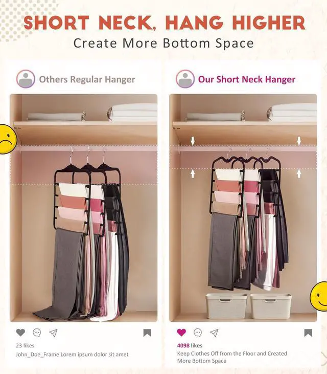 Alt view image 2 of 7 - Pants Hangers Space Saving,3 Pack Velvet Short Neck Pants Hangers,5 Tier Space Saving Velvet Hanger,Closet Organizers and Storage Dorm Room Essentials for College Students Girls Guys Holds Pant,Jean