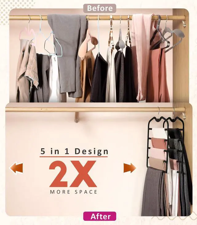 Alt view image 3 of 7 - Pants Hangers Space Saving,3 Pack Velvet Short Neck Pants Hangers,5 Tier Space Saving Velvet Hanger,Closet Organizers and Storage Dorm Room Essentials for College Students Girls Guys Holds Pant,Jean