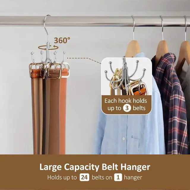 Alt view image 2 of 6 - Belt Hanger for Closet, Rotating Belt Organizer, Holds 24 Belts | Heavy-Duty Metal Belt Rack with 8 Hooks, Hanging Belt Holder for Closet Organizers and Storage, Space Saving, No Installation