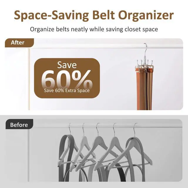 Alt view image 3 of 6 - Belt Hanger for Closet, Rotating Belt Organizer, Holds 24 Belts | Heavy-Duty Metal Belt Rack with 8 Hooks, Hanging Belt Holder for Closet Organizers and Storage, Space Saving, No Installation
