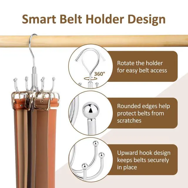 Alt view image 5 of 6 - Belt Hanger for Closet, Rotating Belt Organizer, Holds 24 Belts | Heavy-Duty Metal Belt Rack with 8 Hooks, Hanging Belt Holder for Closet Organizers and Storage, Space Saving, No Installation