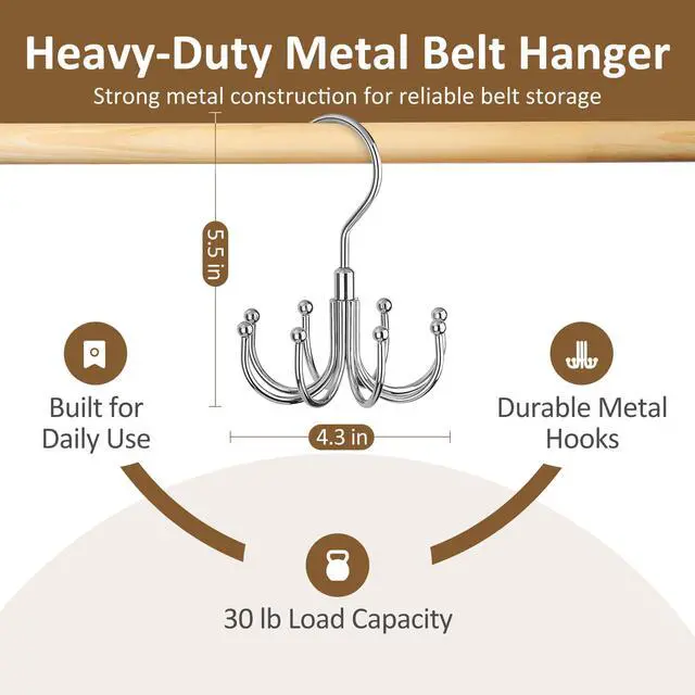 Alt view image 6 of 6 - Belt Hanger for Closet, Rotating Belt Organizer, Holds 24 Belts | Heavy-Duty Metal Belt Rack with 8 Hooks, Hanging Belt Holder for Closet Organizers and Storage, Space Saving, No Installation