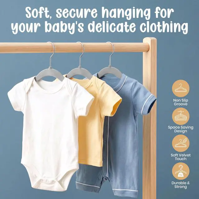 Alt view image 2 of 7 - Kids Velvet Hanger 50 Pack 11" Premium Baby Hangers - Grey | Premium Non-Slip Baby Hangers for Baby and Toddlers, Durable Ultra-Slim Space-Saving Closet Organizers