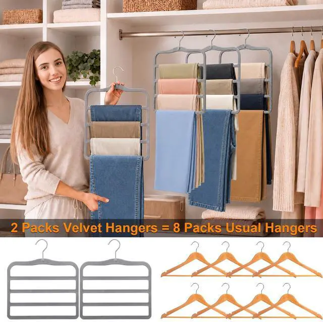 Alt view image 4 of 7 - Pants Hangers Space Saving, 2-Pack Multi-Tier Closet Organizers,Grey | For Jeans Trousers Skirts Leggings Scarves, Non-Slip Vertical Storage for Small Closet, College Dorm & Apartment Essentials