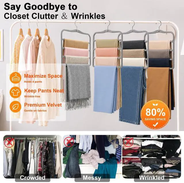Alt view image 7 of 7 - Pants Hangers Space Saving, 2-Pack Multi-Tier Closet Organizers,Grey | For Jeans Trousers Skirts Leggings Scarves, Non-Slip Vertical Storage for Small Closet, College Dorm & Apartment Essentials