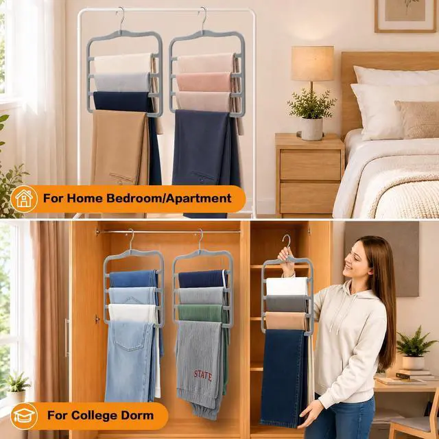 Alt view image 5 of 7 - Pants Hangers Space Saving, 2-Pack Multi-Tier Closet Organizers,Grey | For Jeans Trousers Skirts Leggings Scarves, Non-Slip Vertical Storage for Small Closet, College Dorm & Apartment Essentials