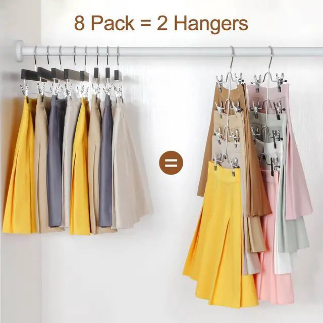 Alt view image 3 of 6 - HANGER 4 Tier Metal Skirt Hangers with Clips 80% Space Saving 2 Pack | Pants Hanger Space Saving, Adjustable Clips, Closet Organizer for Women, Non Slip Grip for Skirts, Shorts, Pant, Jean Black