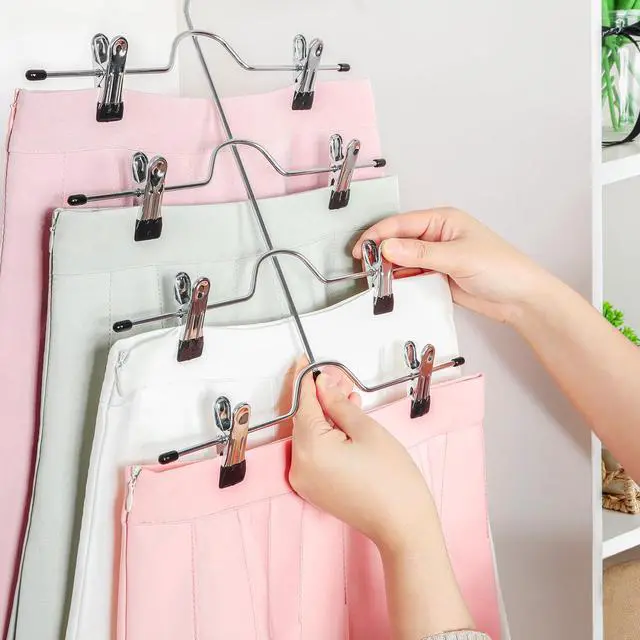 Alt view image 4 of 6 - HANGER 4 Tier Metal Skirt Hangers with Clips 80% Space Saving 2 Pack | Pants Hanger Space Saving, Adjustable Clips, Closet Organizer for Women, Non Slip Grip for Skirts, Shorts, Pant, Jean Black