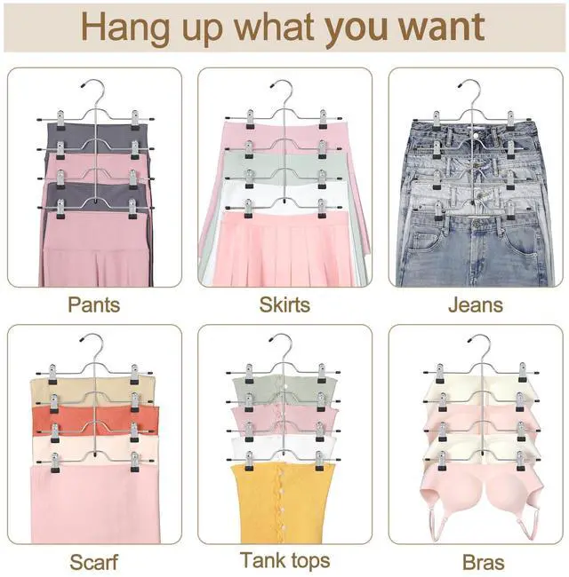 Alt view image 6 of 6 - HANGER 4 Tier Metal Skirt Hangers with Clips 80% Space Saving 2 Pack | Pants Hanger Space Saving, Adjustable Clips, Closet Organizer for Women, Non Slip Grip for Skirts, Shorts, Pant, Jean Black