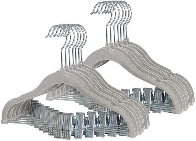 Main image of Non-Slip Clothes Hangers for Baby and Kids 20-Pack Velvet Hangers with Movable Clips, Heavy-Duty and Space-Saving for Pants,Skirts, Coat, Gray