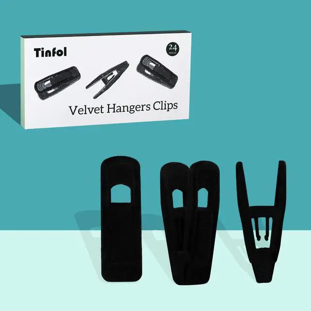 Alt view image 6 of 7 - Velvet Hanger Clips, 24 Pack Black Pants Hangers Clips, Large Opening Clothes Pin, Strong Finger Flocked Clip Perfect for Use with Slim-line Clothes Velvet Hanger