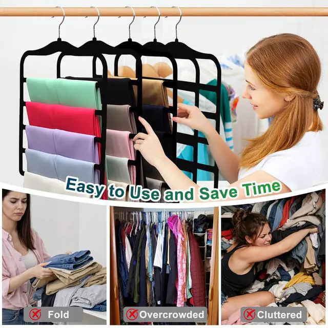 Alt view image 4 of 7 - Closet Organizers and Storage, 3 Pack Velvet Pants-Hangers-Space-Saving | Non Silp 5 Tier Scarf Jeans Closet Organizer, Dorm Room Essentials for College Students Girls Boys Guys, Home Storage